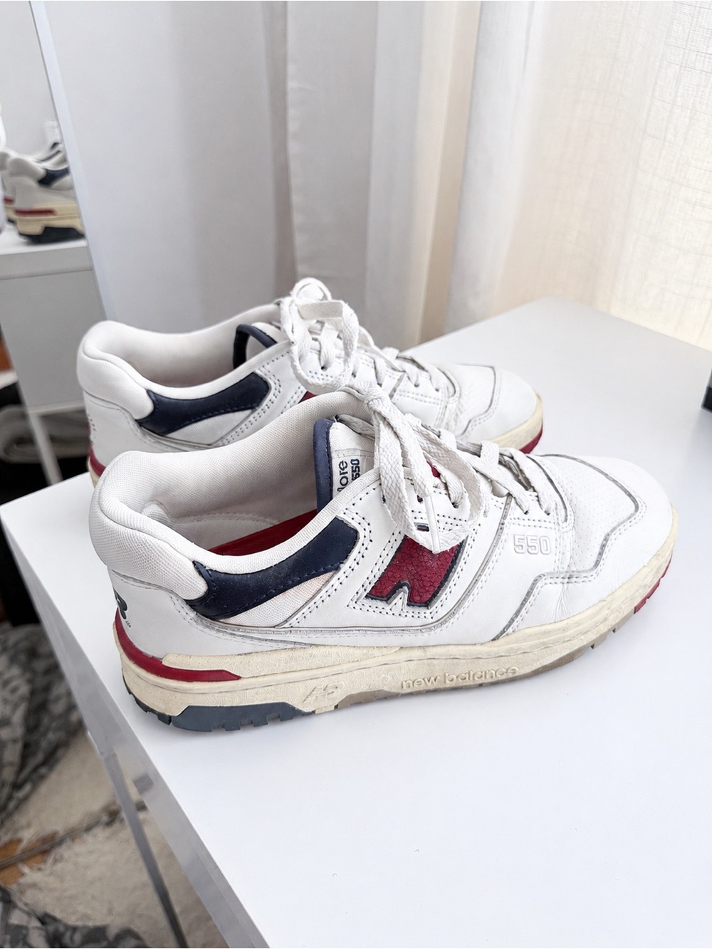 New Balance 550 White Sneakers with Navy & Burgundy Details